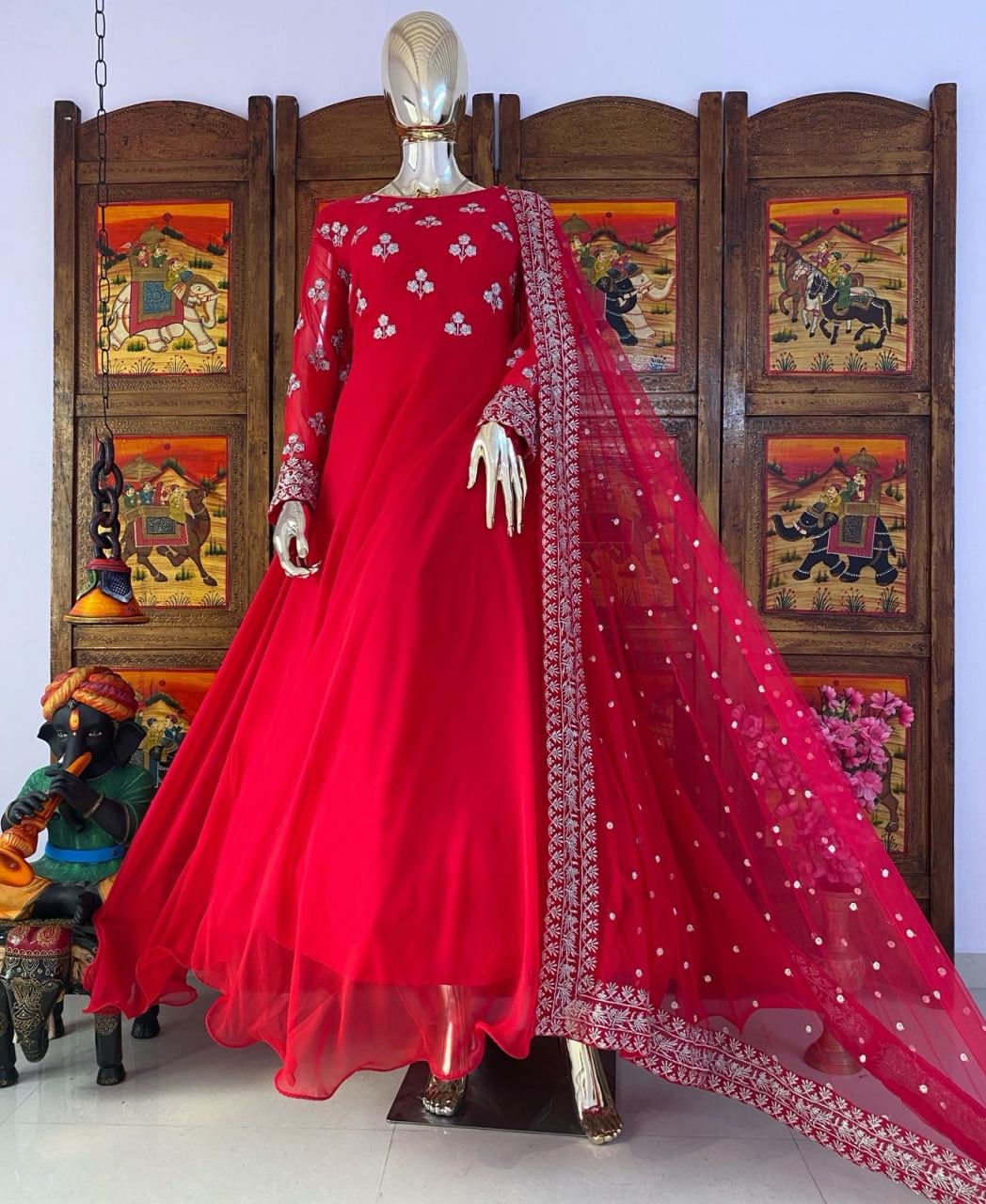 Buy Red Raw Silk Floral Print Embelished Anarkali Gown by SCAKHI at Ogaan  Market Online Shopping Site